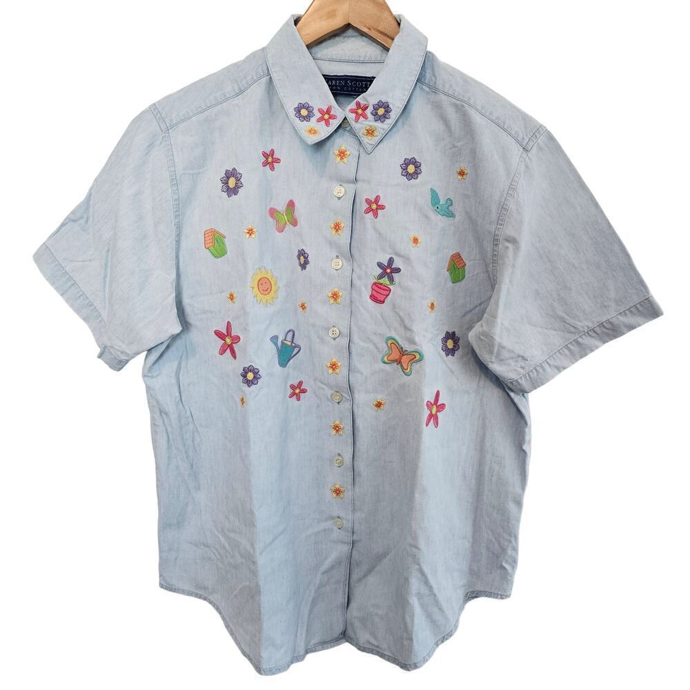 Vintage Karen Scott Denim Blouse Womens XL 80s Floral Embroidered Cottagecore